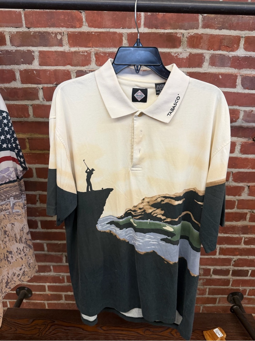 Vintage 90s Tabasco Polo XL – Golfer on Cliff / Coastal Golf Course Print